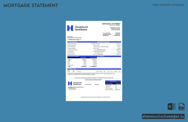 Norwegen Haugesund Sparebank Hypothekenabrechnung Word- und PDF-Beispielvorschau